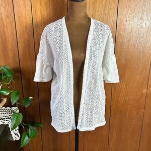 True Craft White Lace Open Front Cardigan Bell Sleeve Split Back XL Boho Summer